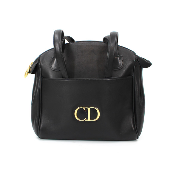 Christian Dior Black Smooth Leather Gold CD Logo Zip Shoulder Bag Sac Cabas Tote - Picture 1 of 8